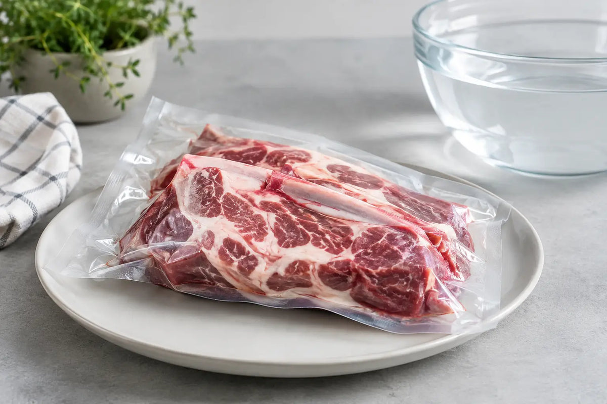 Vakuumverpacktes Lammfleisch sicher auftauen