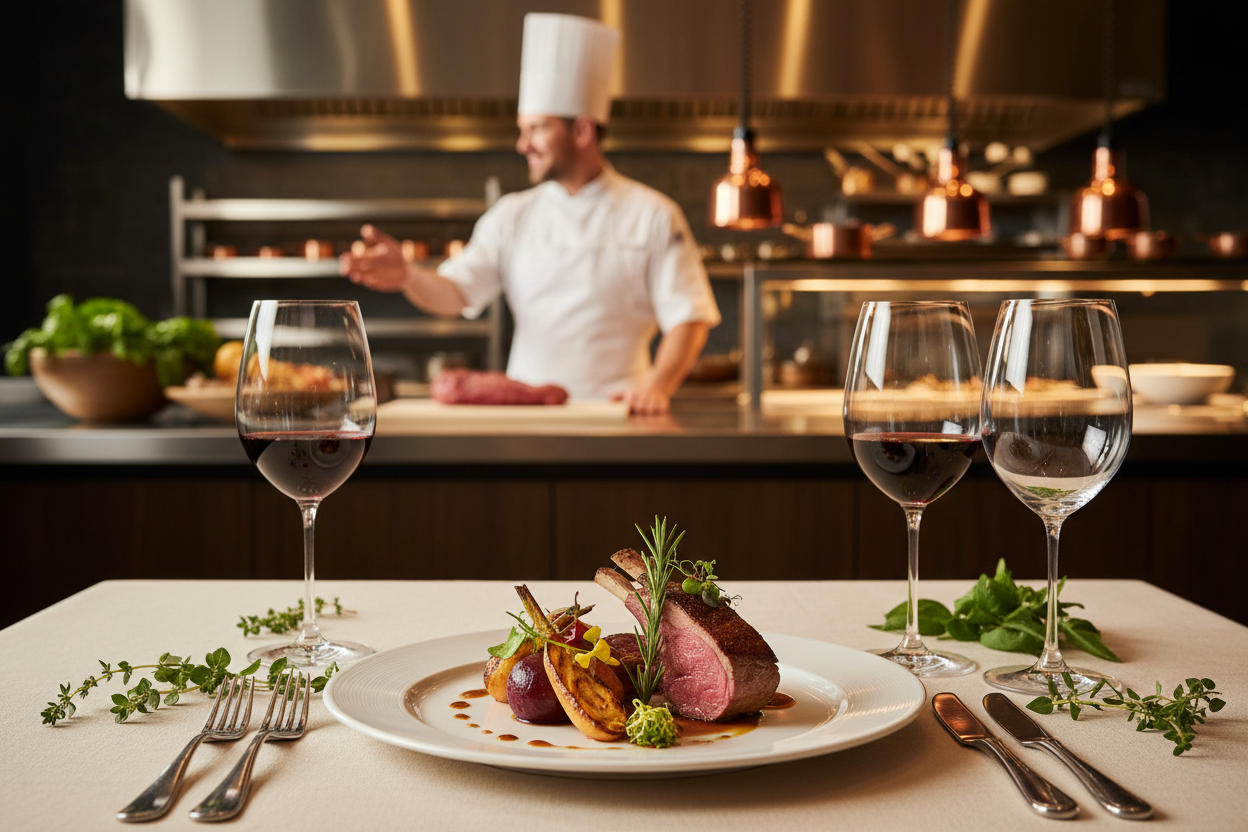 16:9 Motiv: Ein hochwertig gedeckter Gastronomietisch mit Lammgericht im Vordergrund – stilvoll angerichtet, umgeben von Wein, frischen Kräutern und dezentem Besteck.

Hintergrund: Eine offene Küche oder ein Metzger mit weißer Schürze im Gespräch mit einem Koch – symbolisiert Transparenz und Zusammenarbeit.

Stimmung: Warmes Licht, natürliche Farben, authentisch und hochwertig – vermittelt Handwerk, Regionalität und Genuss.