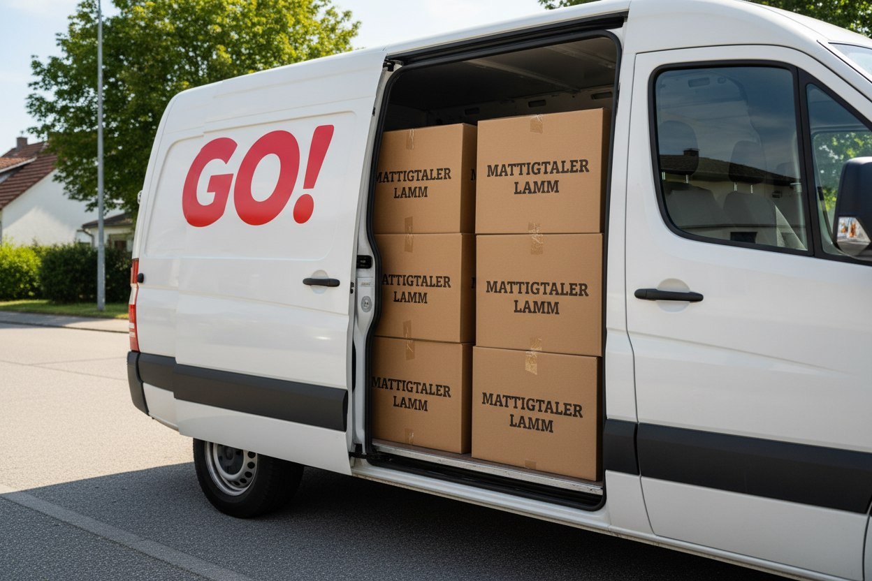 die aufschrift Mattigtaler lamm direkt auf den Kartons wie gedruckt