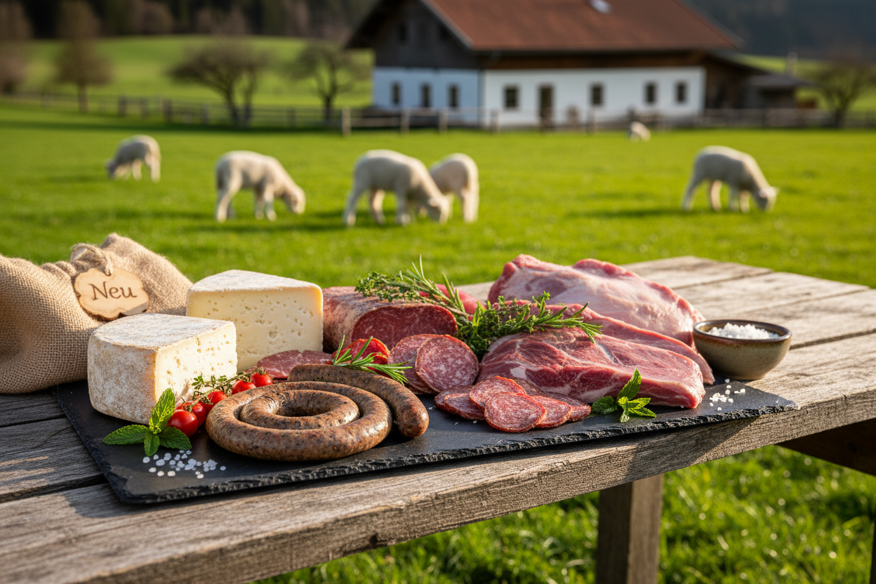 Eine helle, natürliche Szene mit einem rustikalen Holztisch oder Naturstein-Untergrund

Darauf arrangiert: verschiedene neue Lammprodukte (z. B. Lammwürste, Käse, Fleischstücke) in frischer, ansprechender Präsentation

Im Hintergrund unscharf: eine Weide mit Lämmern oder ein Bauernhof, das vermittelt Herkunft & Vertrauen

Optional: ein „Neu“-Schild (dezent integriert, z. B. als Etikett auf einem Produkt oder in einem Jutesackerl)
