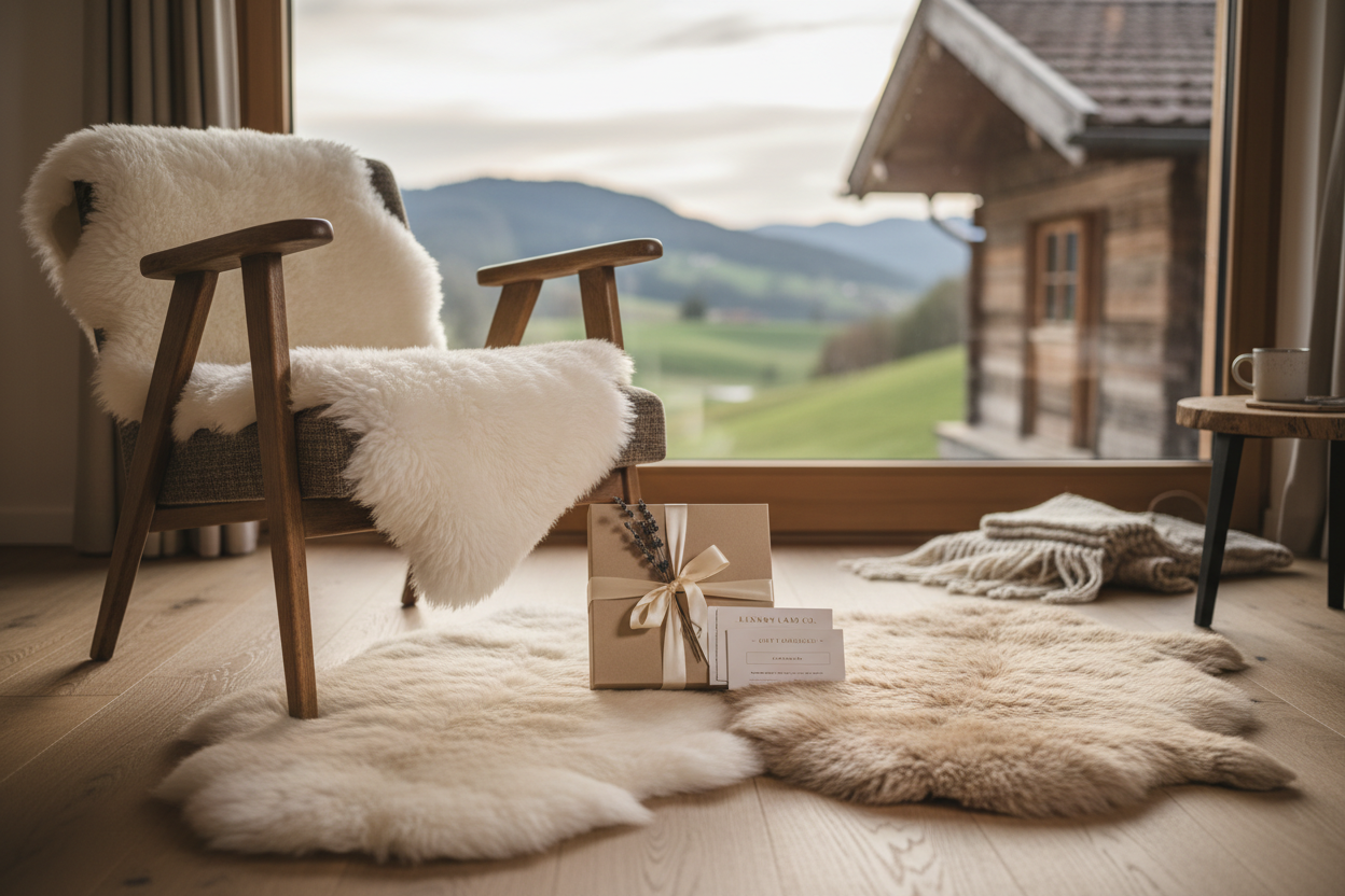 Geschenk ideen , Inhalt , Lammfelle für babys lammdekofelle, lammgeschenkbox , gutscheine