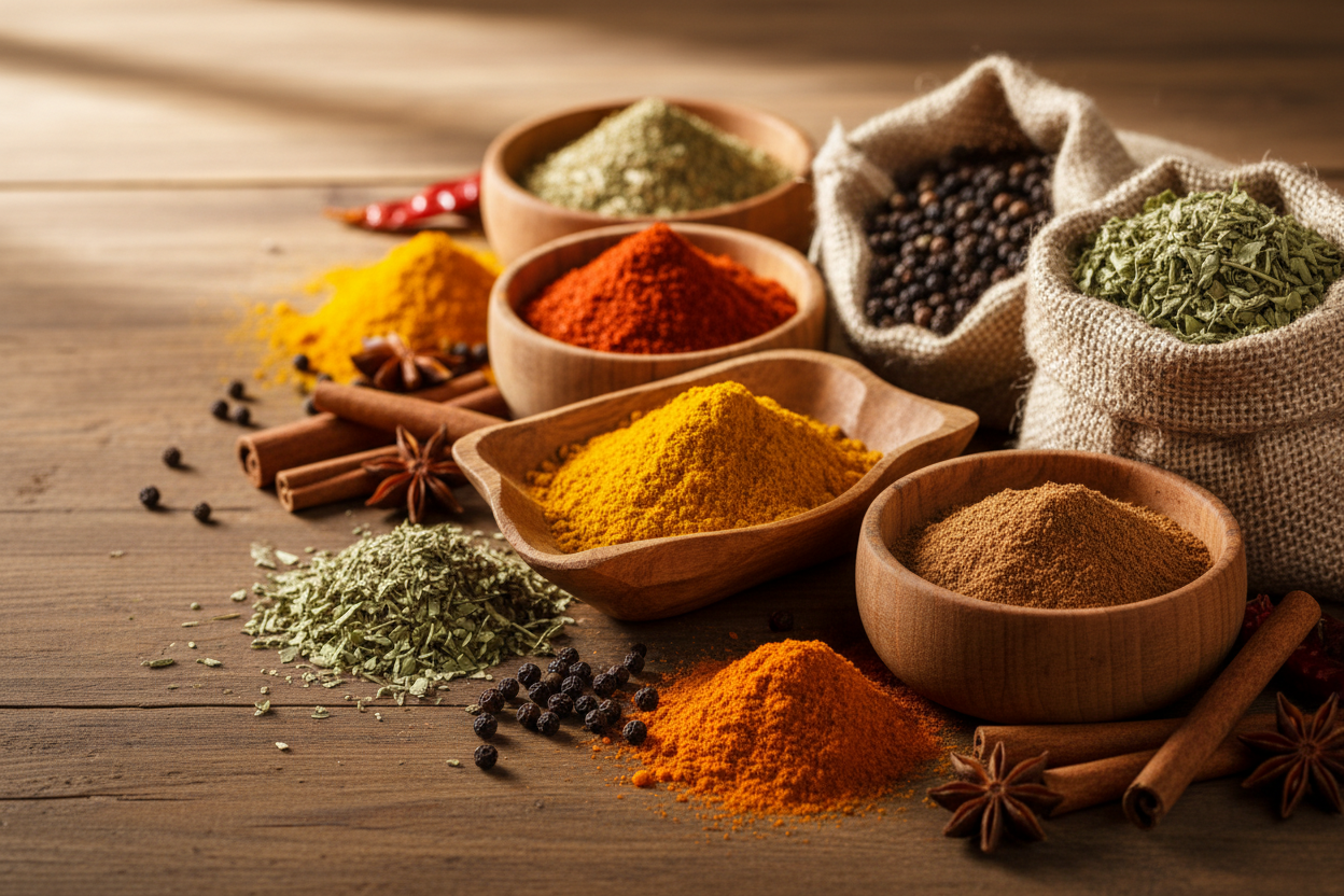 Aromatische Kräuter und Gewürze für Fleischmarinaden und Würzmischungen