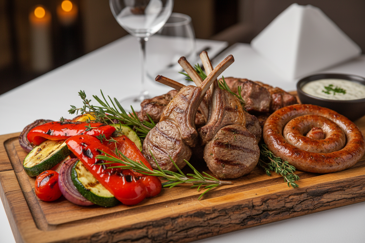 Grillteller mit Lammkoteletts, Würstel & Filet

Lammbraten mit Kräutern & Gemüse

Rohes Lammfleisch (z. B. Keule, Koteletts, Filet) stilvoll angerichtet – vakuumverpackt daneben als Qualitätssignal

Kombination von frischen Fleischstücken + Zubereitungsideen auf rustikalem Untergrund (Holz, Schiefer, Leinentuch)

