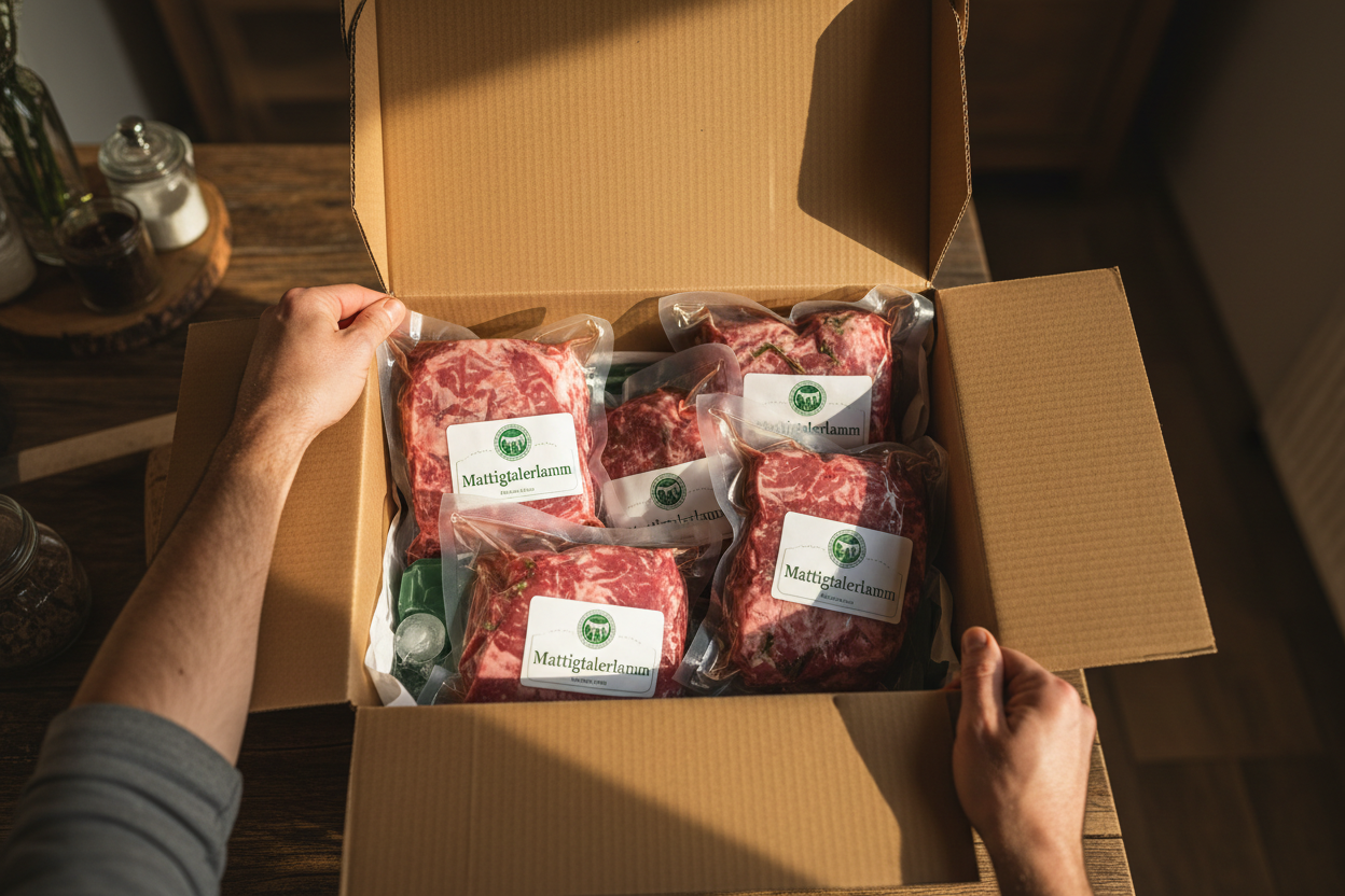 Hände, die eine Box mit Fleisch öffnen
→ Emotionale Verbindung zur Lieferung & Vorfreude beim Auspacken.die etikeetten sollten den namen Mattigtalerlamm tragen 