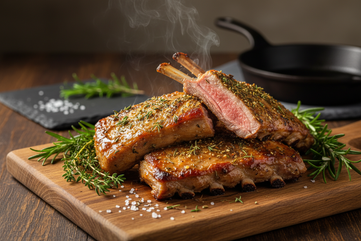 Lammripperl vom Grill oder aus dem Ofen – goldbraun gebraten, leicht glasiert oder mit Kräuterkruste, angerichtet auf einem rustikalen Holzbrett mit frischen Kräutern (z. B. Rosmarin, Thymian) und etwas grobem Meersalz.

Stimmung:
Warm, rustikal und hochwertig. Natürliches Licht, leichter Dampf vom heißen Fleisch, leicht angeschnitten, sodass die Saftigkeit sichtbar wird.

Hintergrund:
Dunkler Holztisch, Steinplatte oder Gusseisenpfanne – für ein bodenständiges, ehrliches Food-Erlebnis.