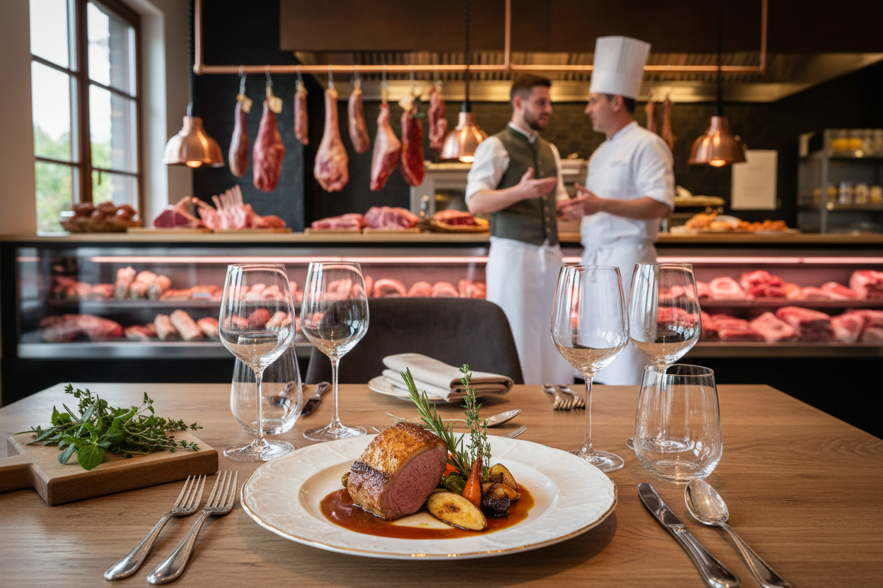 Motiv: Ein hochwertig gedeckter Gastronomietisch mit Lammgericht in der mitte des bilds– stilvoll angerichtet, umgeben von Wein, frischen Kräutern und dezentem Besteck.

Hintergrund: Eine offene Küche oder ein Metzger mit weißer Schürze im Gespräch mit einem Koch – symbolisiert Transparenz und Zusammenarbeit.

Stimmung: Warmes Licht, natürliche Farben, authentisch und hochwertig – vermittelt Handwerk, Regionalität und Genuss.